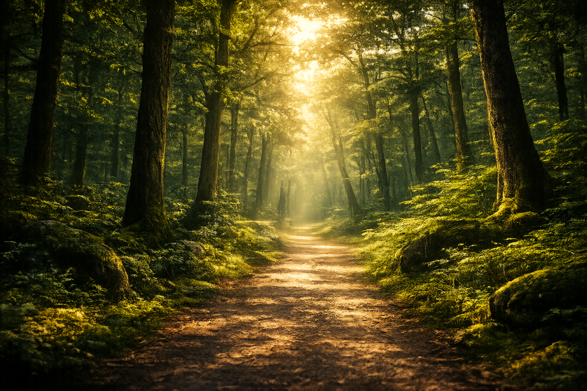 Camino iluminado por la luz del sol atravesando un bosque frondoso, representando el crecimiento personal, la claridad y el camino hacia el autoconocimiento.