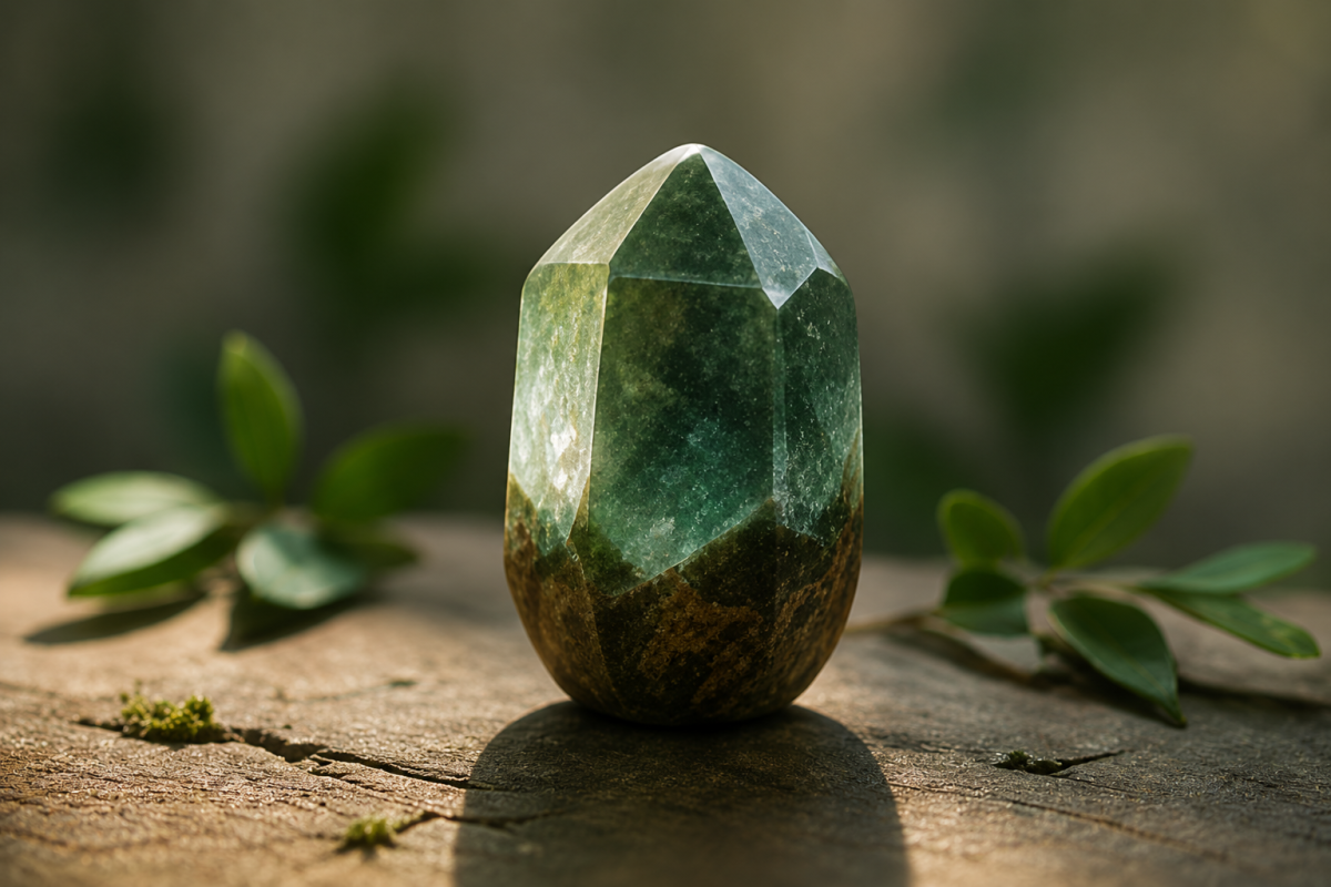 Cristal verde sobre una mesa de madera, simbolizando la transformación, el crecimiento personal y el poder de soltar para avanzar hacia una vida más consciente.