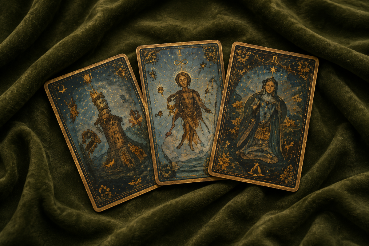 Tres cartas de tarot sobre un elegante tejido verde, representando la conexión interior, el autoconocimiento y la guía espiritual.